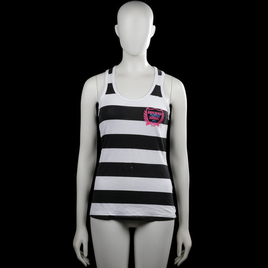 Åhus beach handboll - Tank top - White & Black - Size 36, 38 - White and black striped sleeveless tank top with a scoop neckline and plain armholes. Features a straight hem and a small graphic on the chest.