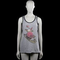 Tank top - Gray & Black - Size M - Gray sleeveless tank top with black trim and a scoop neckline. Features a large front graphic print and a straight hem.