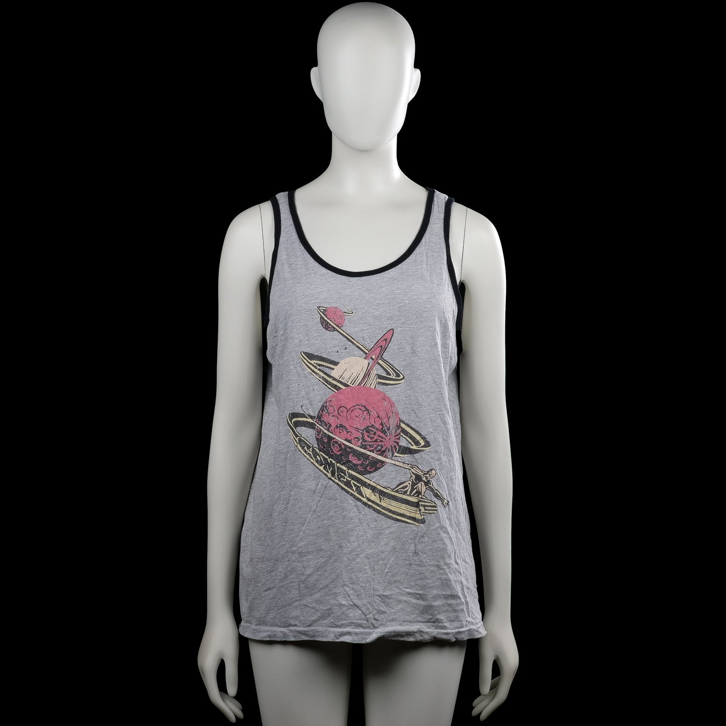 Tank top - Gray & Black - Size M - Gray sleeveless tank top with black trim and a scoop neckline. Features a large front graphic print and a straight hem.