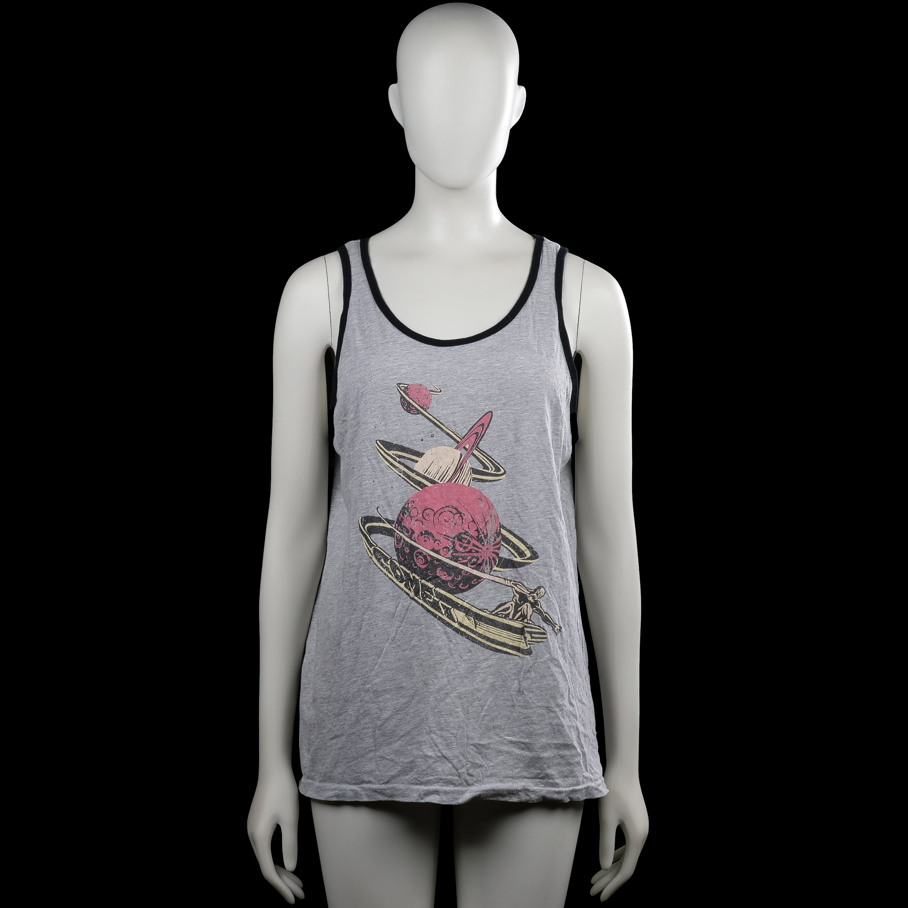 Tank top - Gray & Black - Size M - Gray sleeveless tank top with black trim and a scoop neckline. Features a large front graphic print and a straight hem.