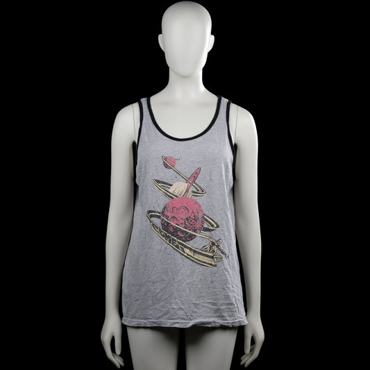 Tank top - Gray & Black - Size M - Gray sleeveless tank top with black trim and a scoop neckline. Features a large front graphic print and a straight hem.