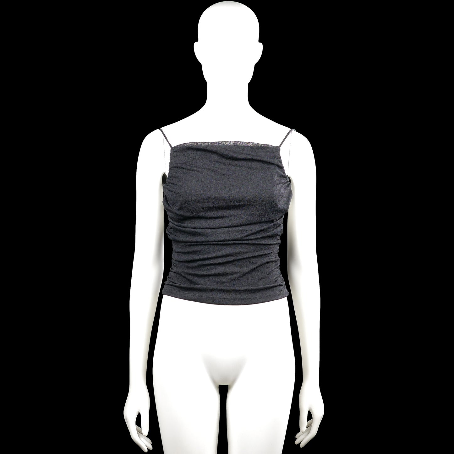 Noisy May - Tank top - Black - Size XS - Black solid sleeveless top with thin shoulder straps and a straight neckline. Ruched sides with a tie closure at the back and a straight hem.