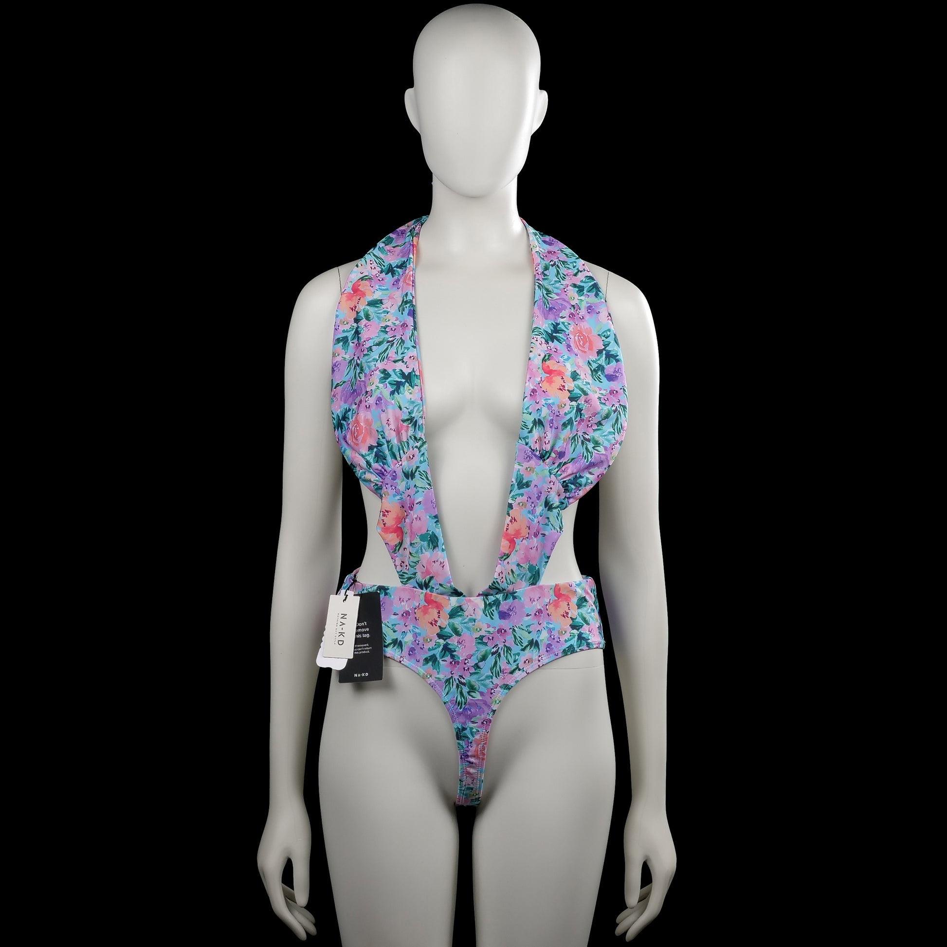 Na-kd - Bodysuit - Multicolored - Size L - (NEW) - Multicolored floral halter-neck bodysuit with a deep V front and a tie closure at the back of the neck. Straight hem with plain edges.