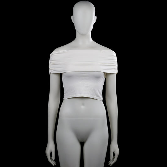 Only - Tank top - White - Size S - White solid off-shoulder top with a wide ruched band across the chest. Sleeveless design with a straight hem.