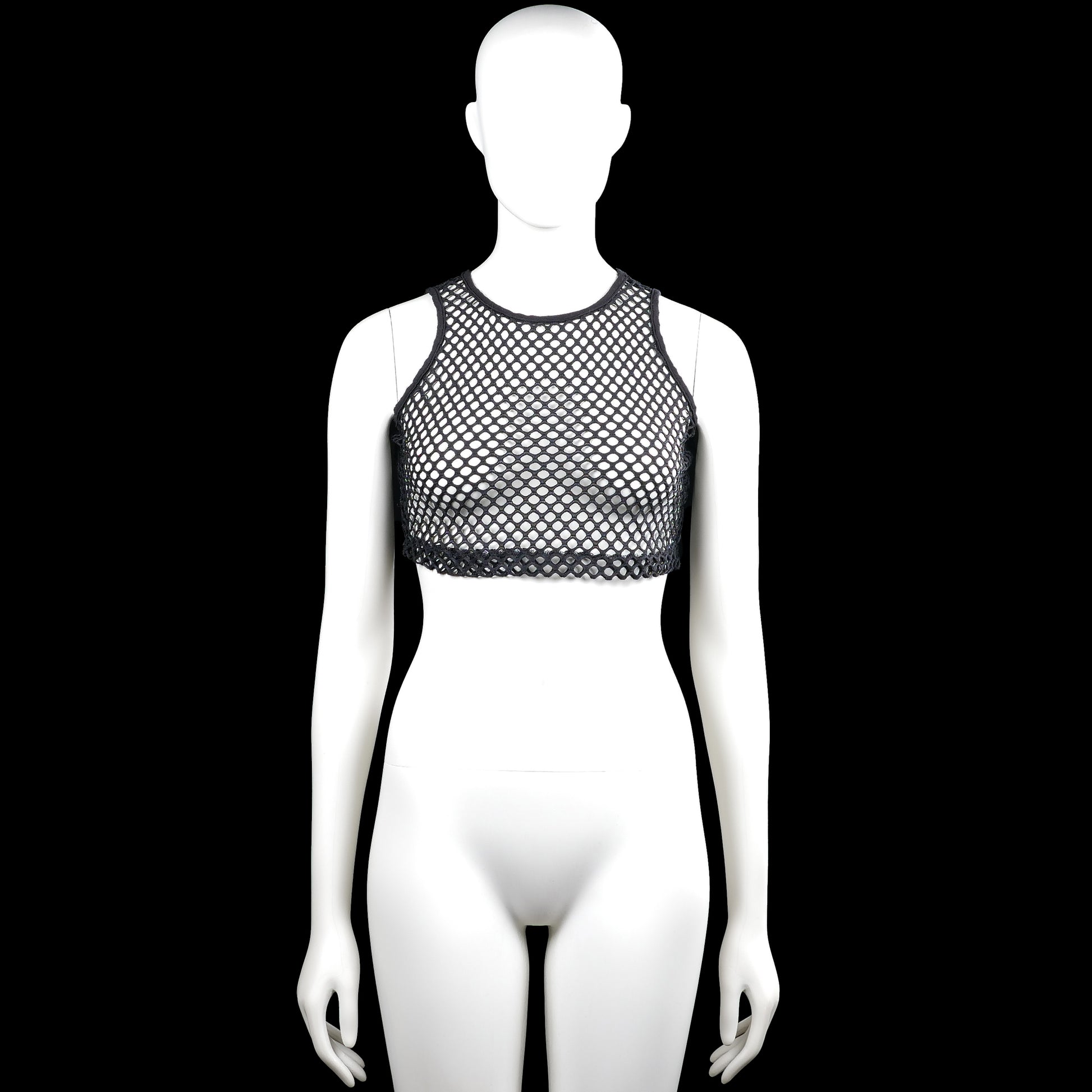 Tank top - Black & White - Size XS - Black and white sleeveless crop top with a round neck and an open mesh design. Straight hem with plain edging and no visible closure.
