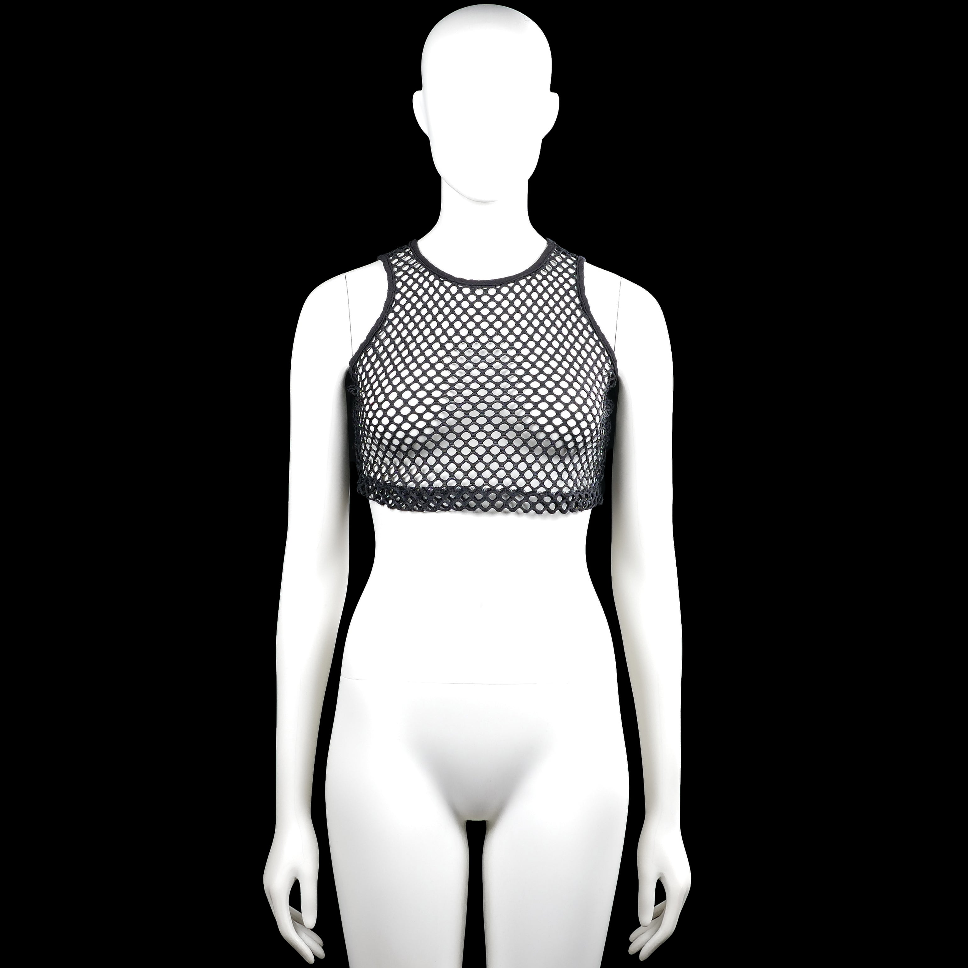 Tank top - Black & White - Size XS - Black and white sleeveless crop top with a round neck and an open mesh design. Straight hem with plain edging and no visible closure.