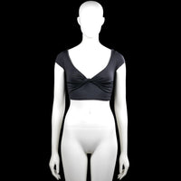 Madlady - T-shirt - Black - Size XS - Black solid crop top with a scoop neckline and short sleeves. Features a twisted gathered detail at the front and a straight hem.