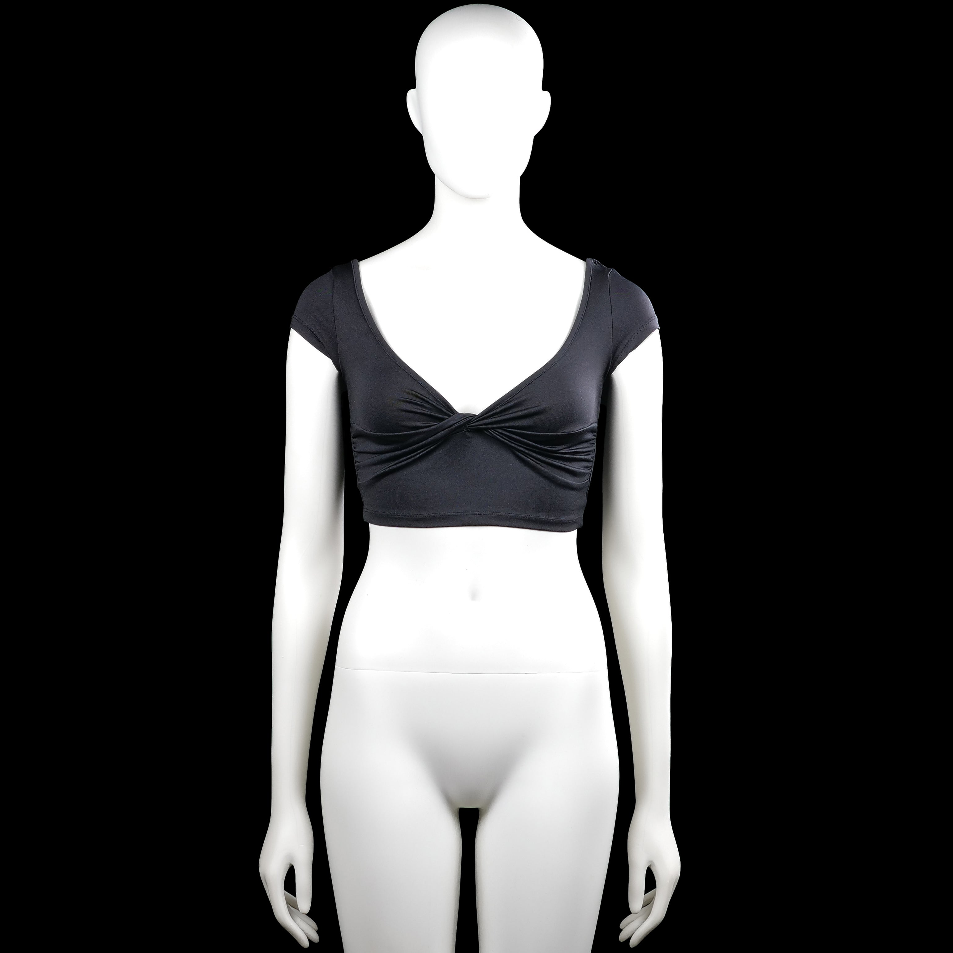Madlady - T-shirt - Black - Size XS - Black solid crop top with a scoop neckline and short sleeves. Features a twisted gathered detail at the front and a straight hem.