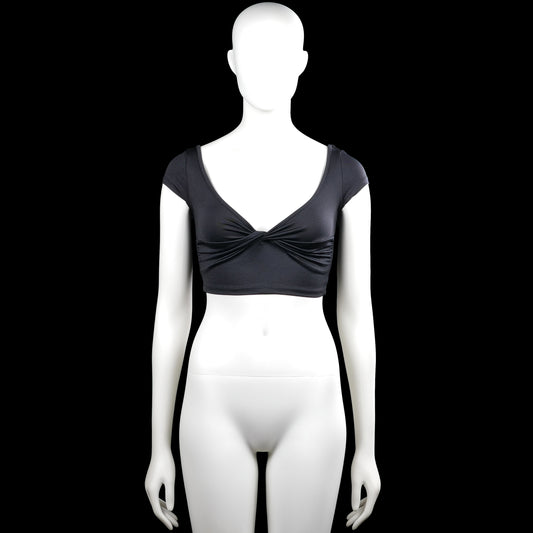 Madlady - T-shirt - Black - Size XS - Black solid crop top with a scoop neckline and short sleeves. Features a twisted gathered detail at the front and a straight hem.