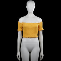 Bikbok - T-shirt - Mustard - Size M - Mustard solid off-shoulder top with short sleeves. Features ruffled cuffs and a ruffled hem.