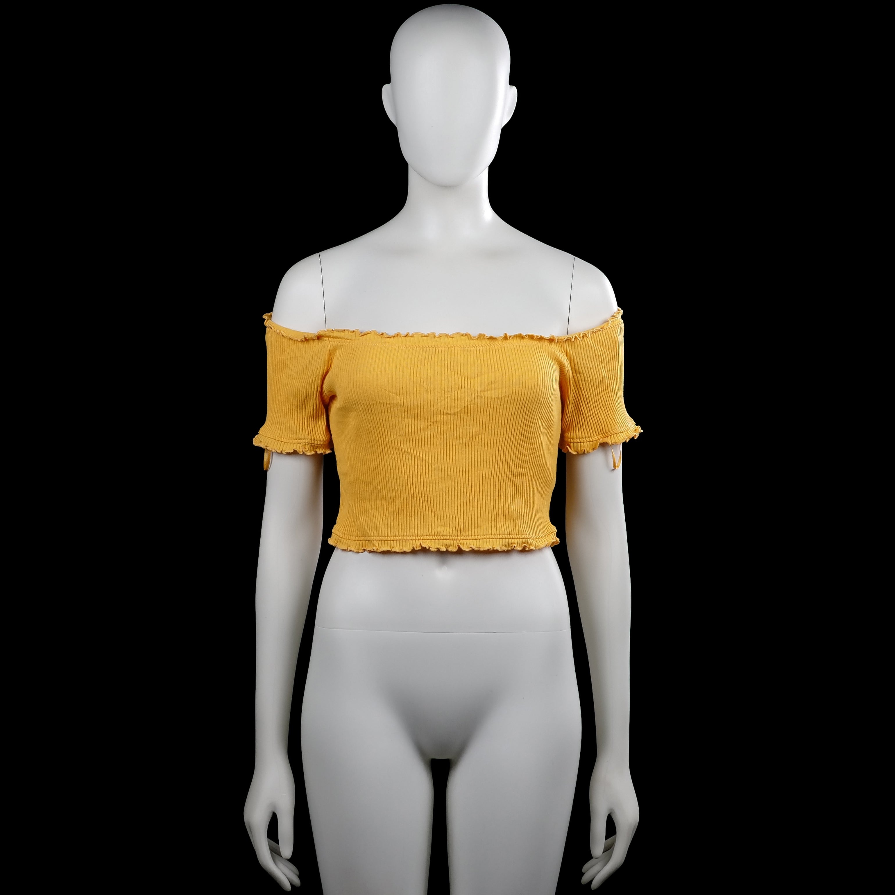 Bikbok - T-shirt - Mustard - Size M - Mustard solid off-shoulder top with short sleeves. Features ruffled cuffs and a ruffled hem.
