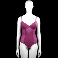 Bodysuit - Purple - Size L - Purple sleeveless bodysuit with thin shoulder straps and a V-neckline with lace trim on the bust. Features lace floral panels on the front and a straight hem with a back hook closure.