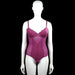Bodysuit - Purple - Size L - Purple sleeveless bodysuit with thin shoulder straps and a V-neckline with lace trim on the bust. Features lace floral panels on the front and a straight hem with a back hook closure.