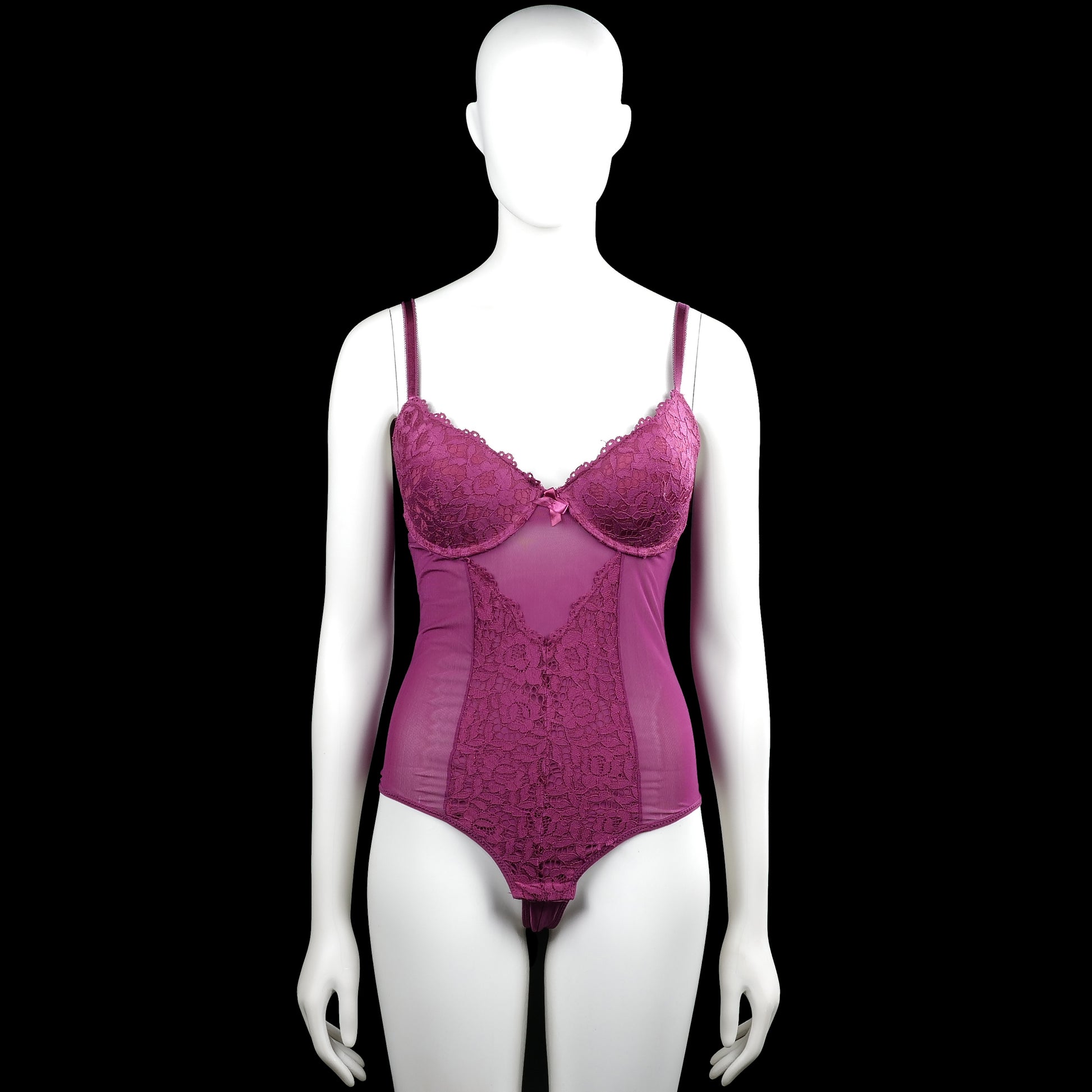 Bodysuit - Purple - Size L - Purple sleeveless bodysuit with thin shoulder straps and a V-neckline with lace trim on the bust. Features lace floral panels on the front and a straight hem with a back hook closure.