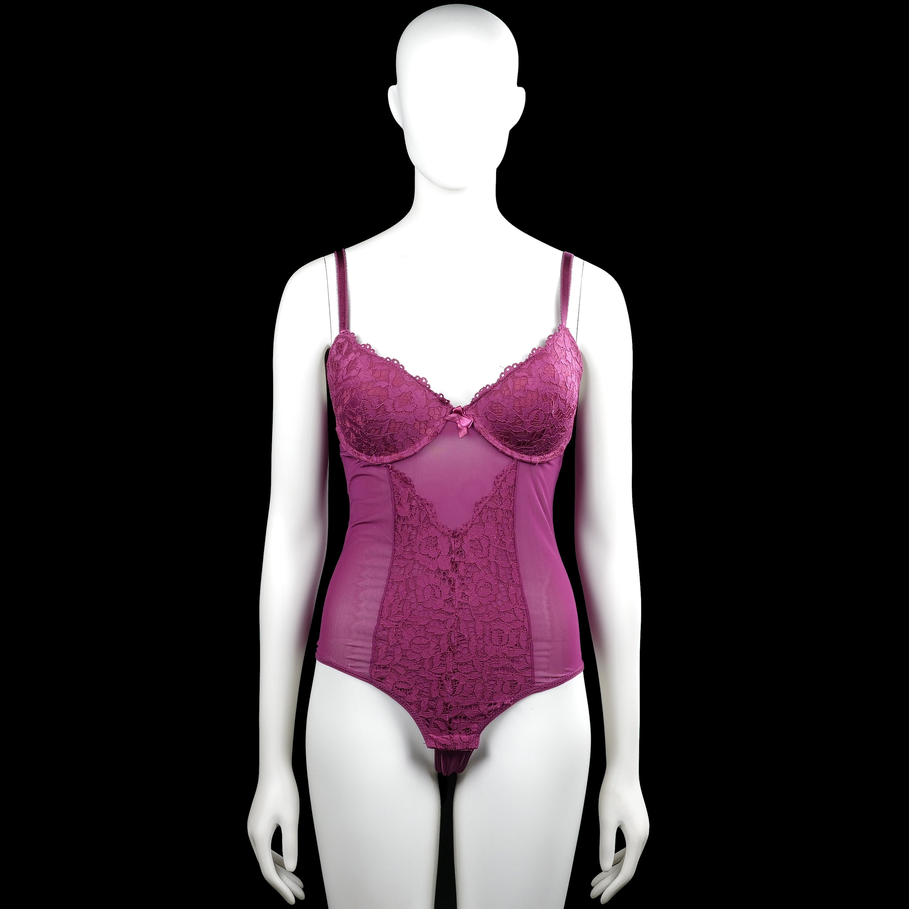 Bodysuit - Purple - Size L - Purple sleeveless bodysuit with thin shoulder straps and a V-neckline with lace trim on the bust. Features lace floral panels on the front and a straight hem with a back hook closure.