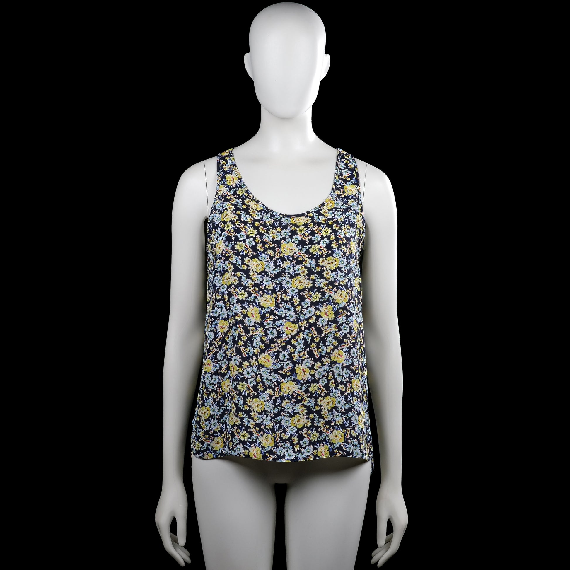 Atmosphere - Tank top - Navy & Yellow - Size 40 - Sleeveless navy top with a yellow and light blue floral pattern and a scoop neckline. Straight hem with no visible closures.