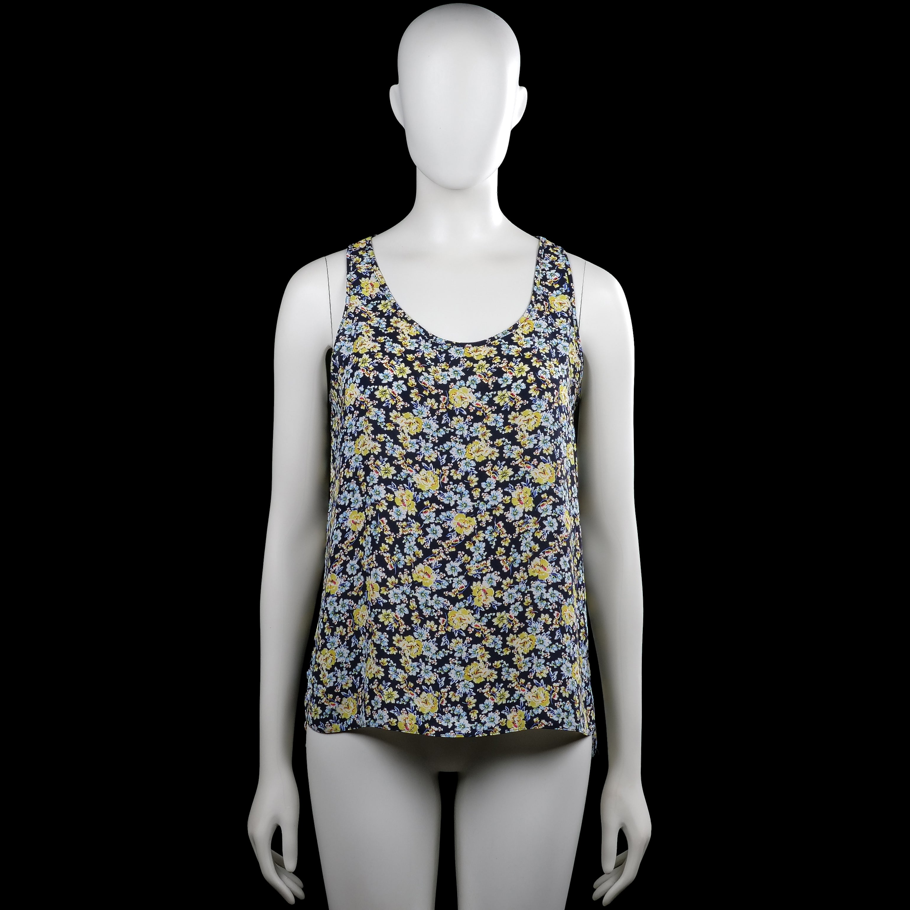 Atmosphere - Tank top - Navy & Yellow - Size 40 - Sleeveless navy top with a yellow and light blue floral pattern and a scoop neckline. Straight hem with no visible closures.