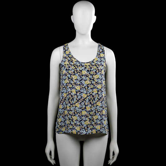 Atmosphere - Tank top - Navy & Yellow - Size 40 - Sleeveless navy top with a yellow and light blue floral pattern and a scoop neckline. Straight hem with no visible closures.