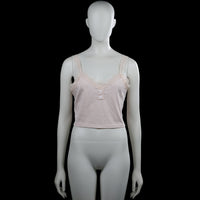Tank top - Light Pink - Size L - Light pink sleeveless ribbed camisole with lace shoulder straps and lace trim along the scoop neckline. Features a short button placket at the front and a straight hem.