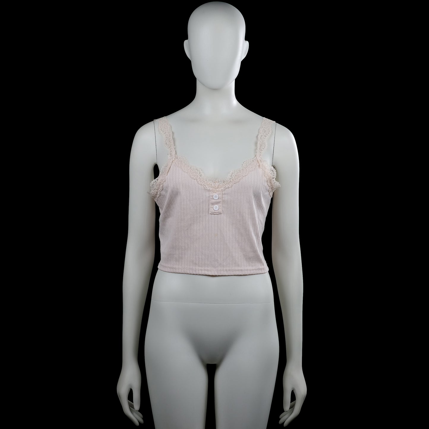 Tank top - Light Pink - Size L - Light pink sleeveless ribbed camisole with lace shoulder straps and lace trim along the scoop neckline. Features a short button placket at the front and a straight hem.