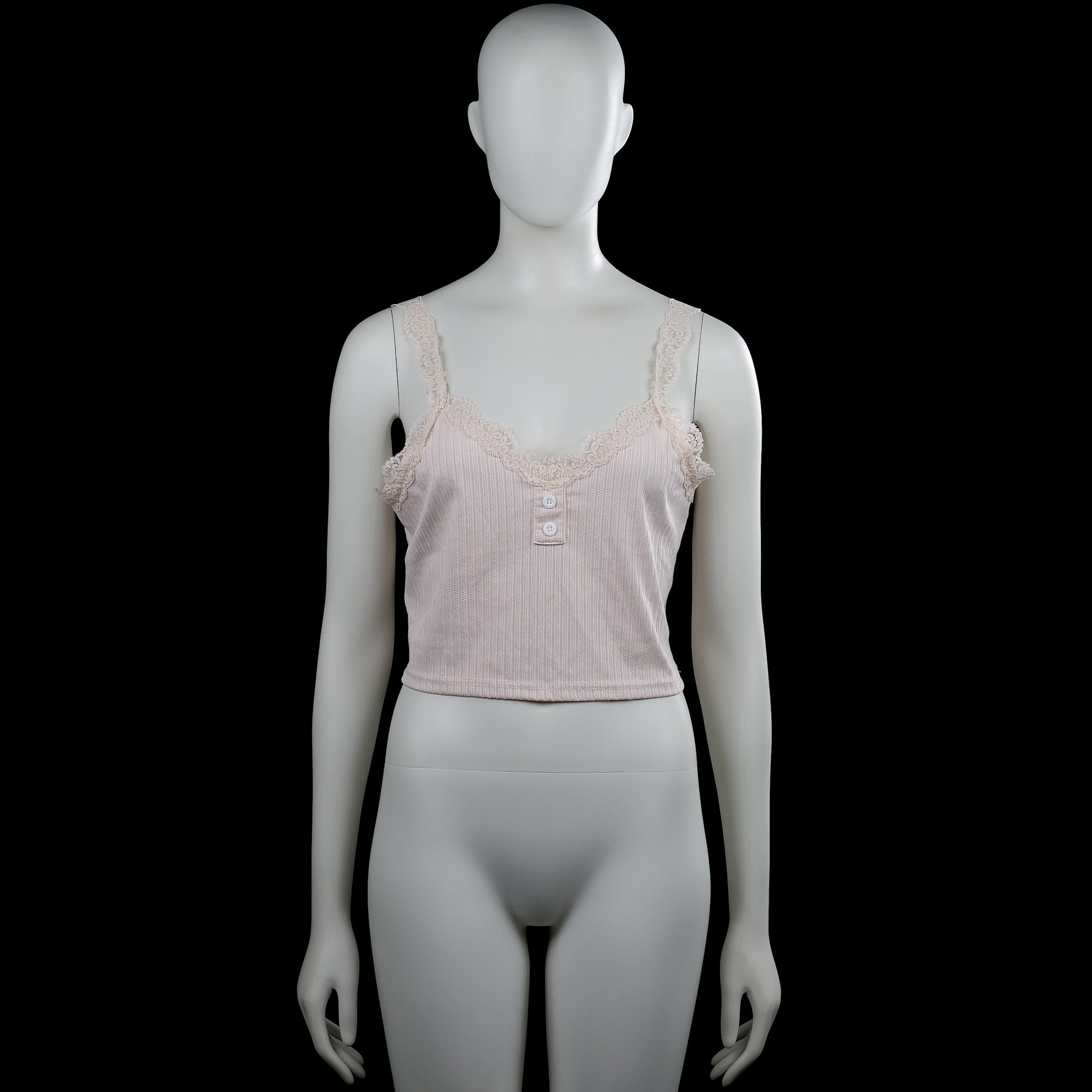 Tank top - Light Pink - Size L - Light pink sleeveless ribbed camisole with lace shoulder straps and lace trim along the scoop neckline. Features a short button placket at the front and a straight hem.