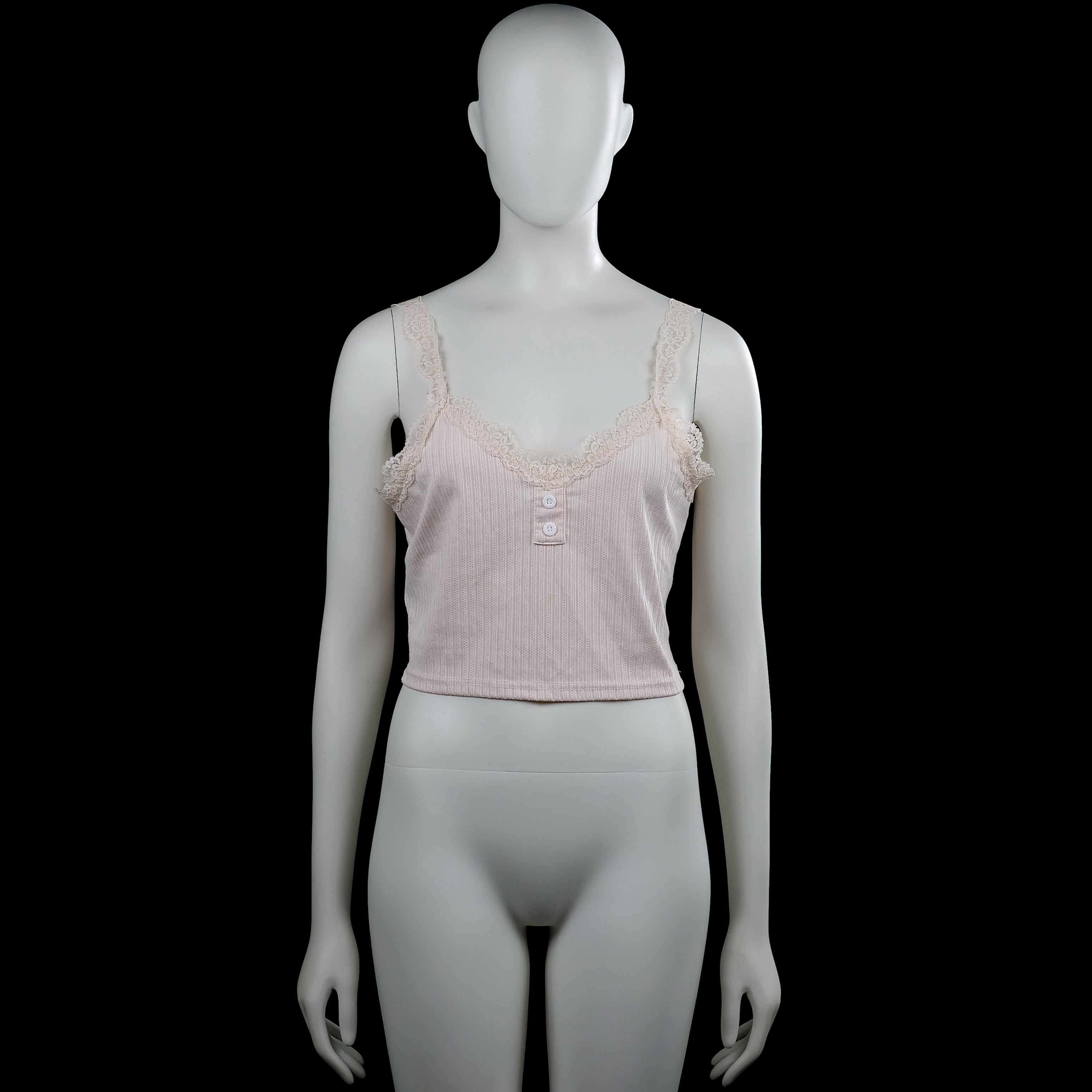 Tank top - Light Pink - Size L - Light pink sleeveless ribbed camisole with lace shoulder straps and lace trim along the scoop neckline. Features a short button placket at the front and a straight hem.