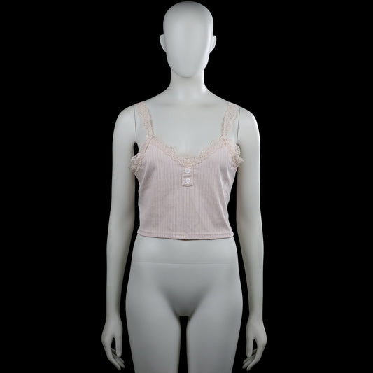 Tank top - Light Pink - Size L - Light pink sleeveless ribbed camisole with lace shoulder straps and lace trim along the scoop neckline. Features a short button placket at the front and a straight hem.