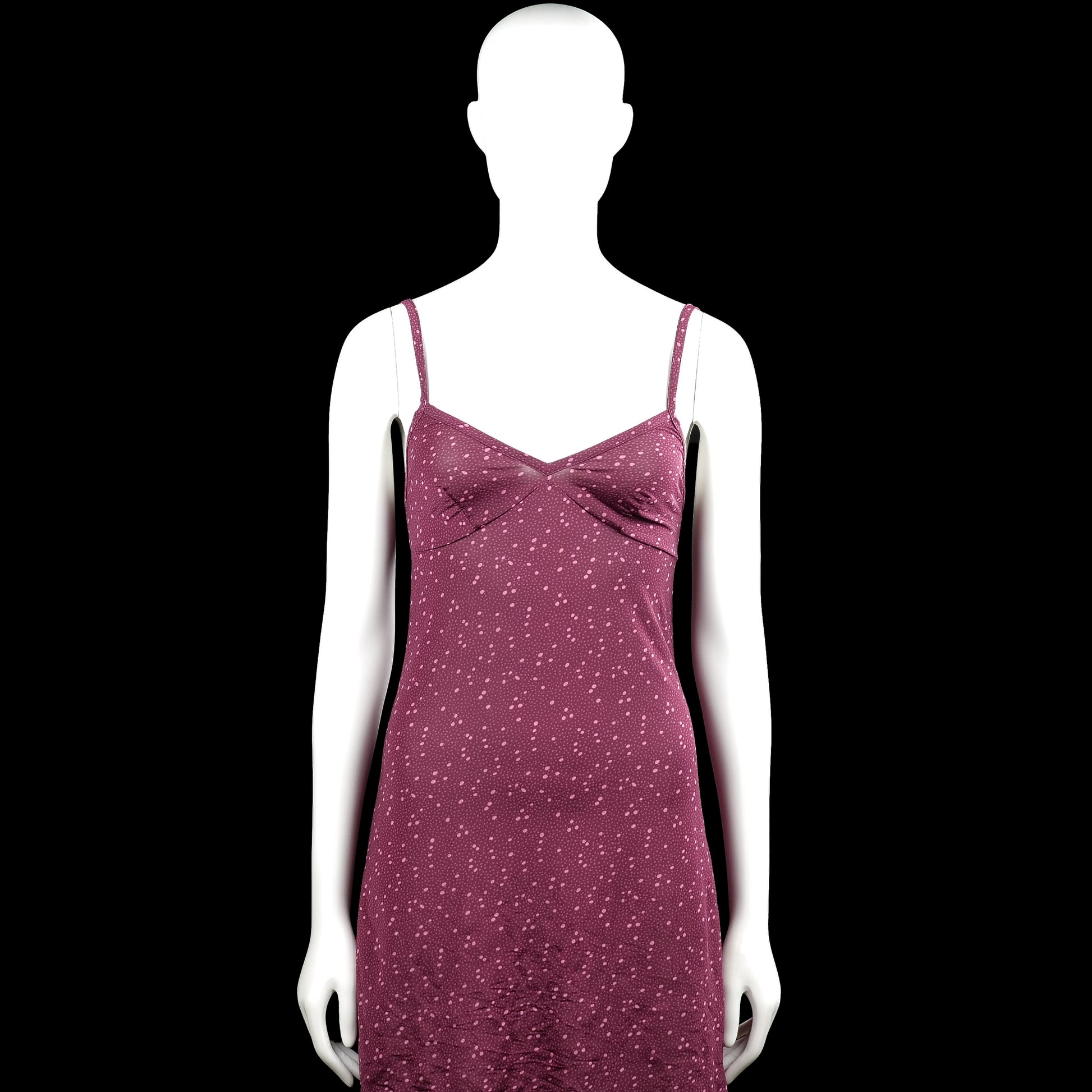 Lindex - Tank top - Purple & Pink - Size 34 - Purple spaghetti-strap dress with an all-over pink dotted pattern and a V-neckline. Features a straight hem and plain strap edges with adjustable sliders.