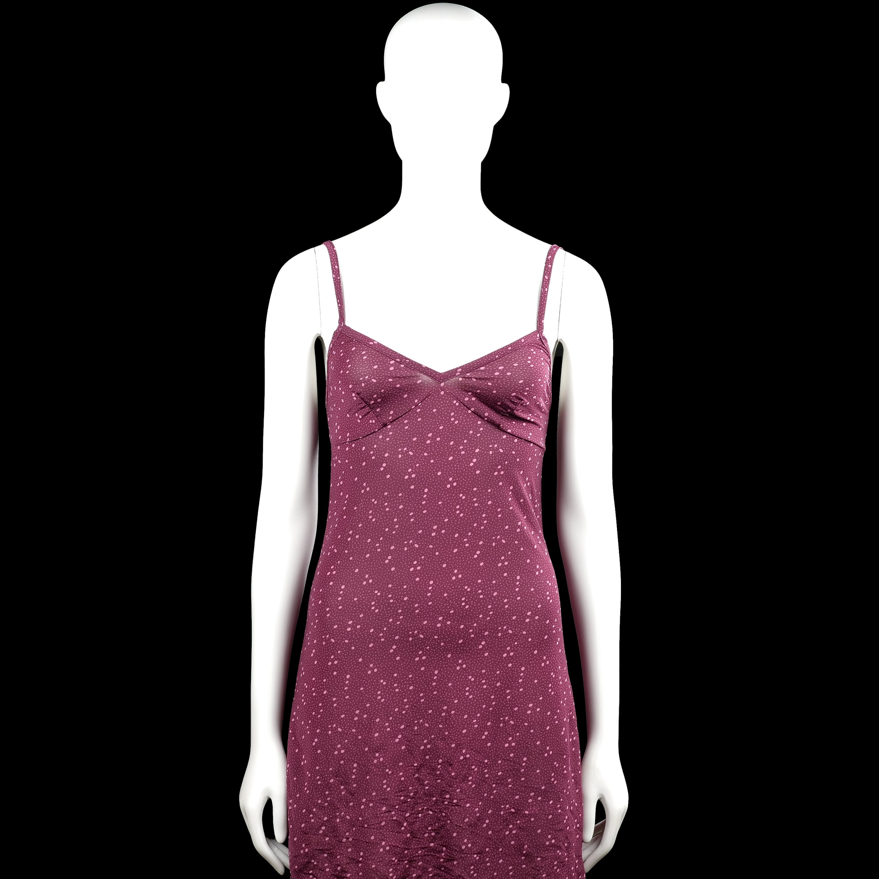 Lindex - Tank top - Purple & Pink - Size 34 - Purple spaghetti-strap dress with an all-over pink dotted pattern and a V-neckline. Features a straight hem and plain strap edges with adjustable sliders.