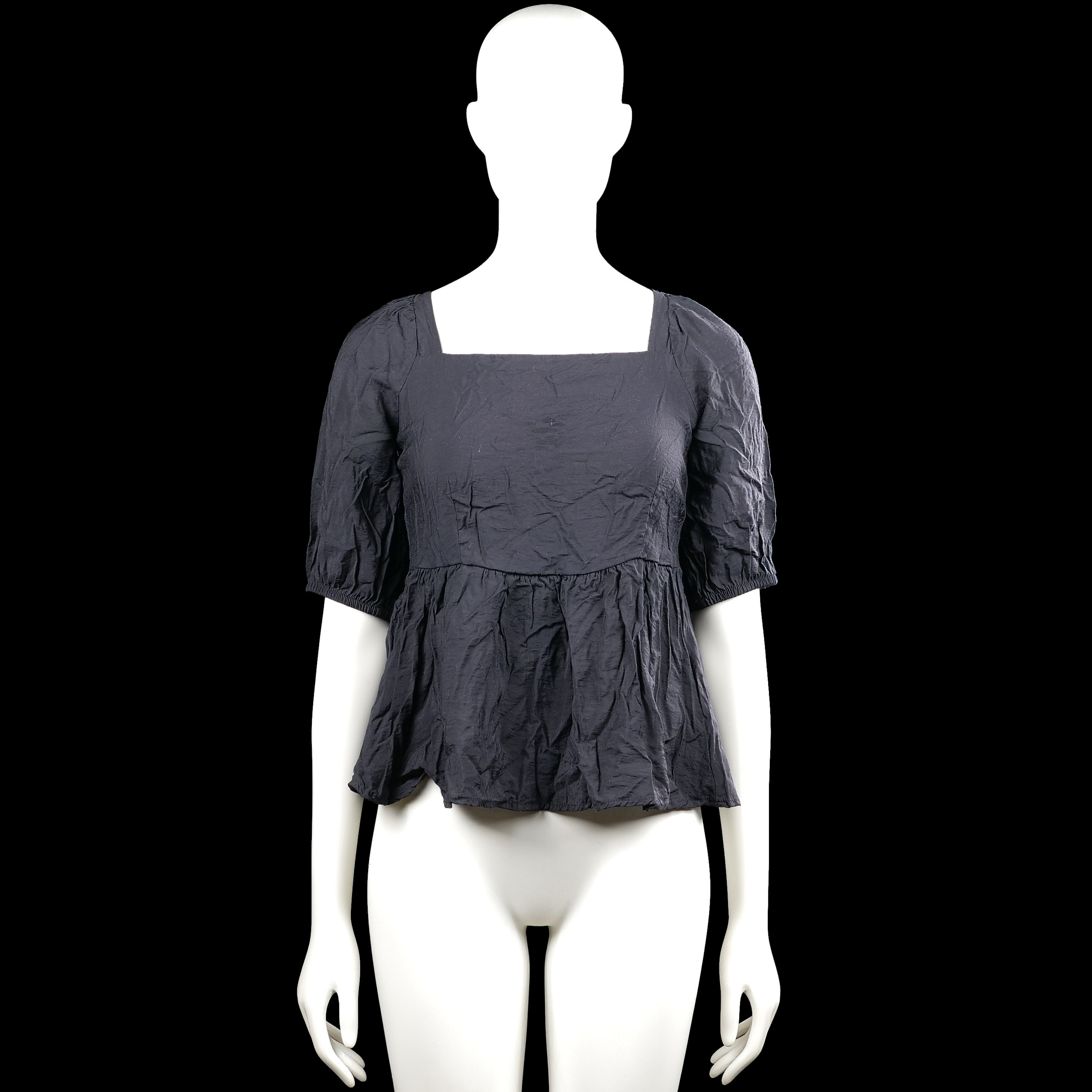 Aware - Blouse - Charcoal - Size XS - Charcoal solid top with a squared neckline and short puff sleeves with elastic cuffs. Open back with tie closures and a ruffled hem.