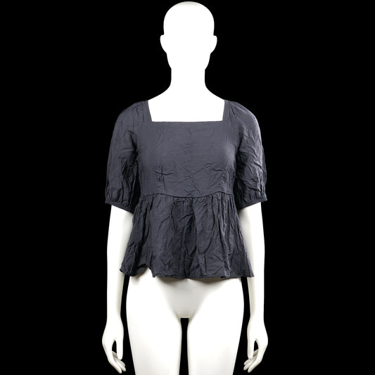 Aware - Blouse - Charcoal - Size XS - Charcoal solid top with a squared neckline and short puff sleeves with elastic cuffs. Open back with tie closures and a ruffled hem.