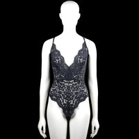 Hunkemöller - Bodysuit - Navy & Black - Size M - Navy and black floral lace bodysuit with spaghetti straps and a V-neckline. Features a lace-up open back and a straight hem.