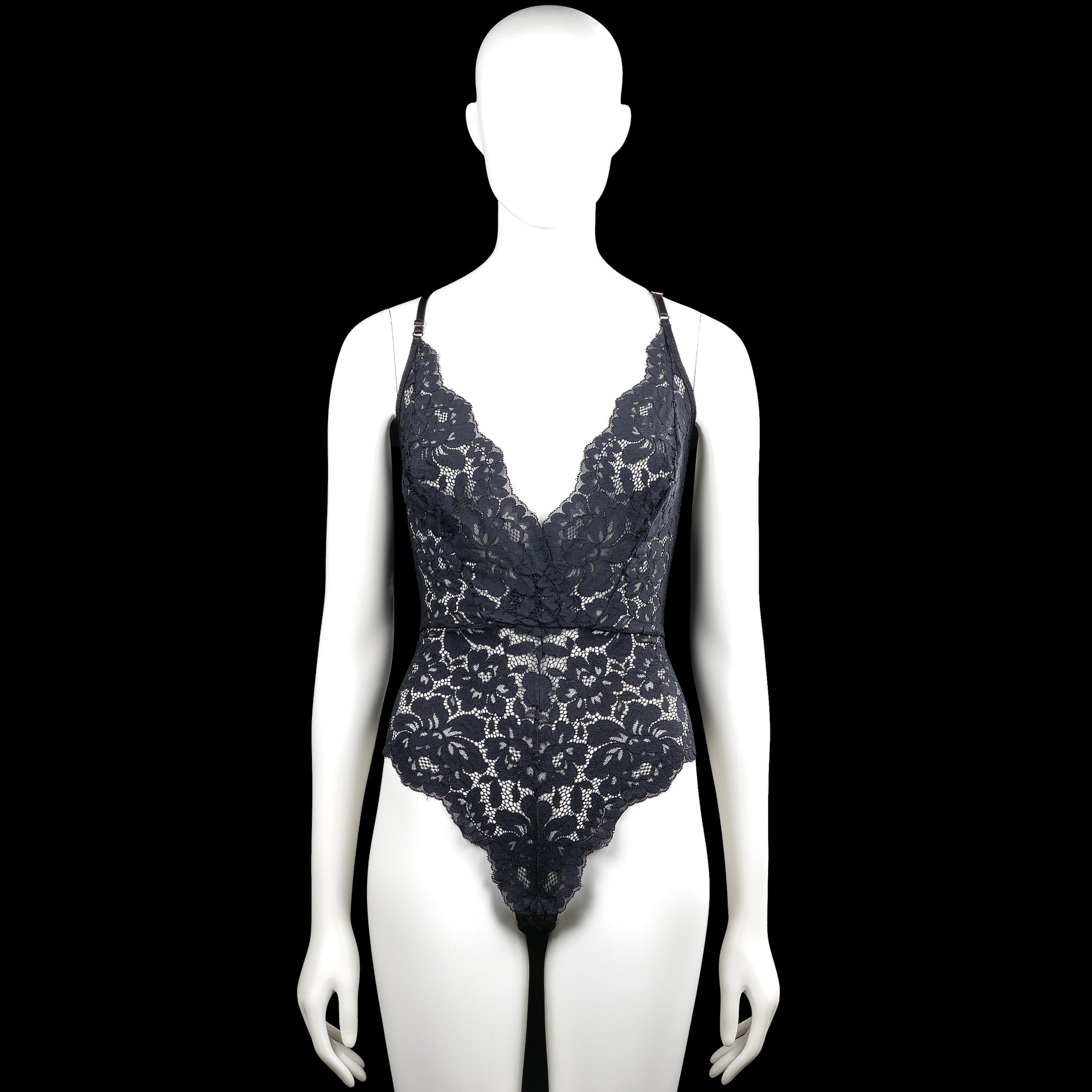 Hunkemöller - Bodysuit - Navy & Black - Size M - Navy and black floral lace bodysuit with spaghetti straps and a V-neckline. Features a lace-up open back and a straight hem.