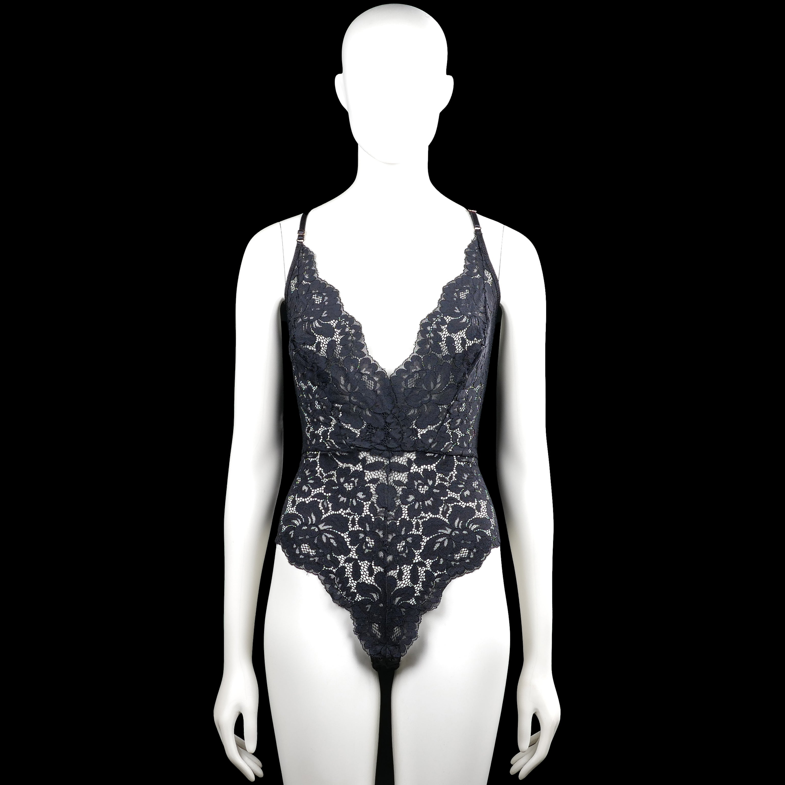 Hunkemöller - Bodysuit - Navy & Black - Size M - Navy and black floral lace bodysuit with spaghetti straps and a V-neckline. Features a lace-up open back and a straight hem.