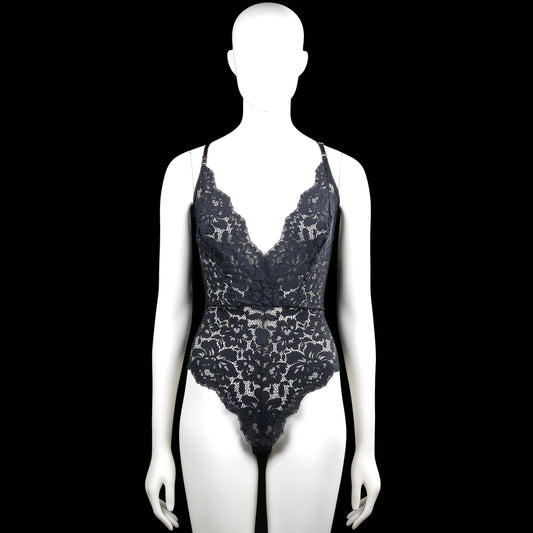 Hunkemöller - Bodysuit - Navy & Black - Size M - Navy and black floral lace bodysuit with spaghetti straps and a V-neckline. Features a lace-up open back and a straight hem.
