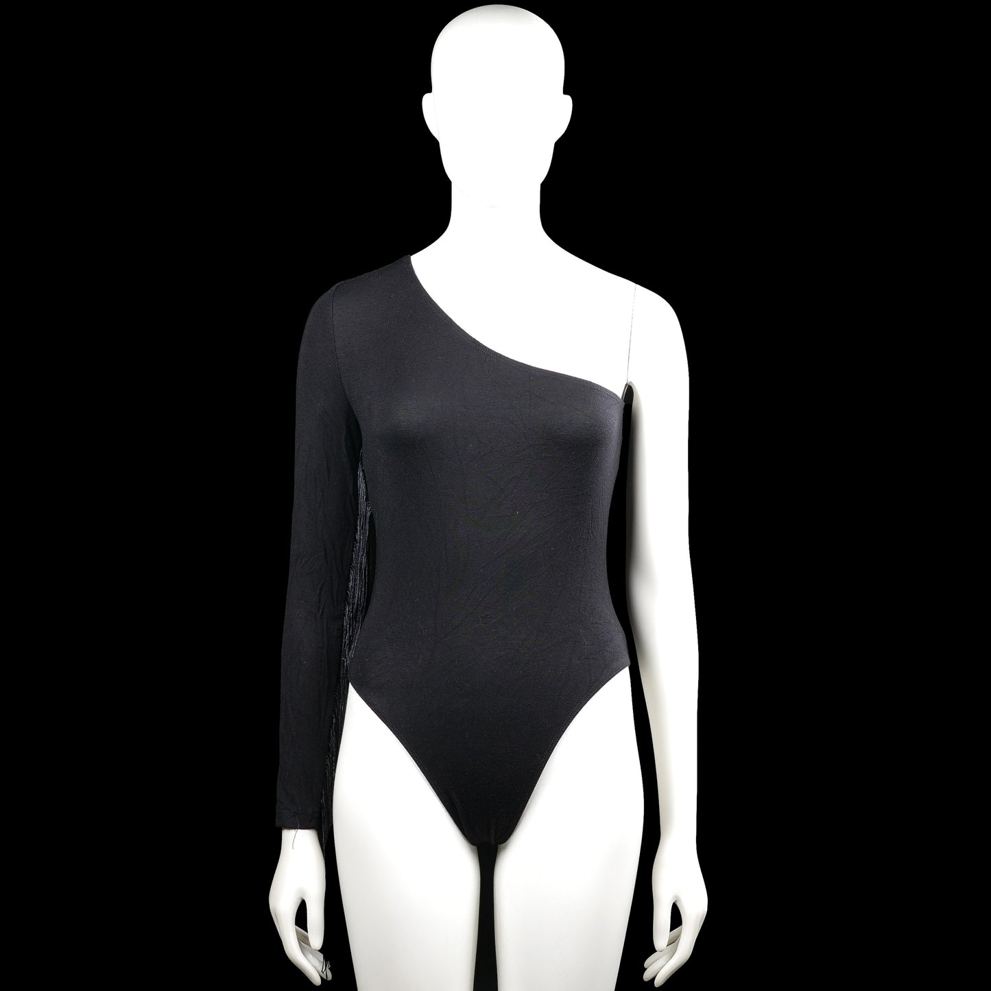 Shein - Bodysuit - Black - Size S - Black solid one-shoulder bodysuit with one long sleeve and one sleeveless side. Straight hem with plain cuffs.