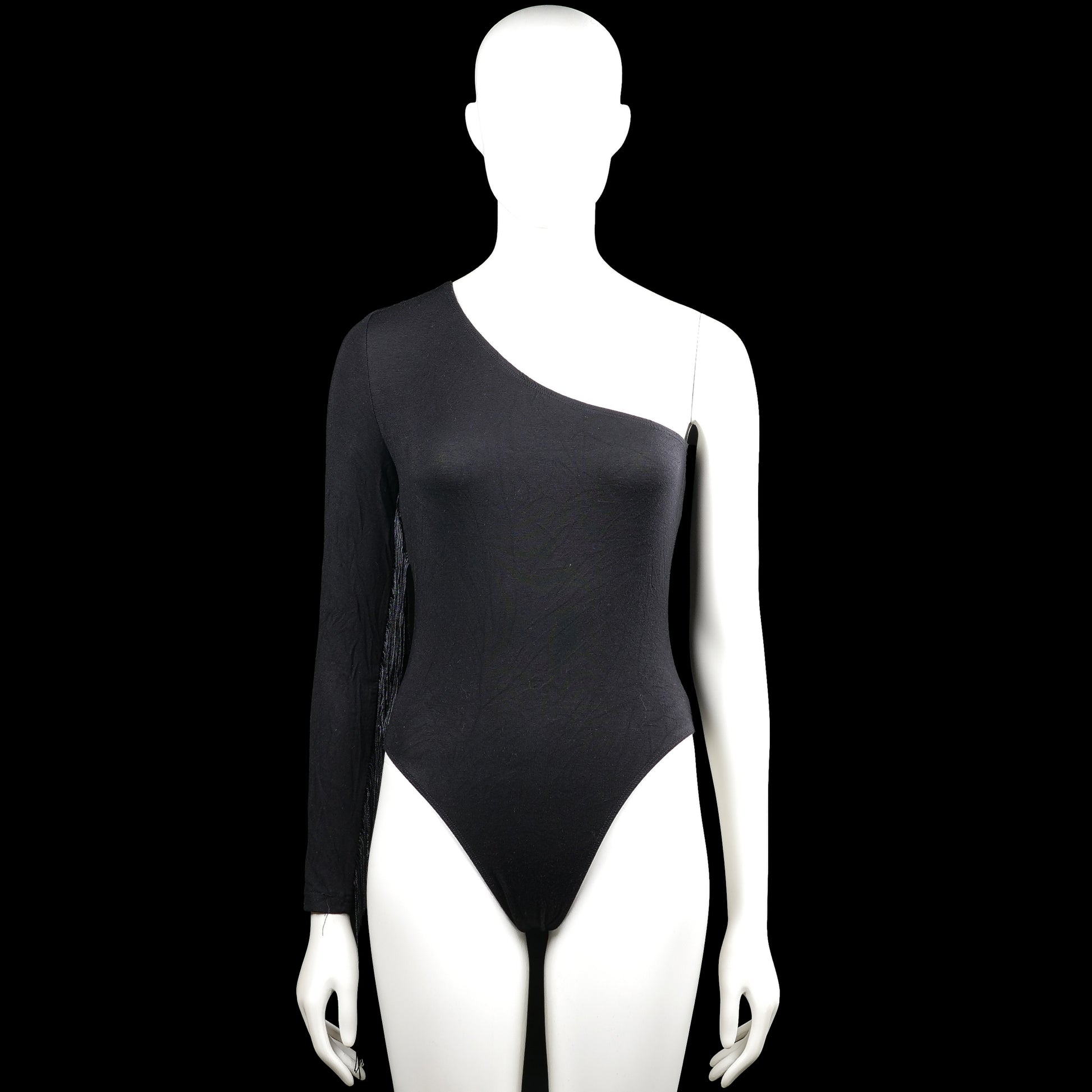 Shein - Bodysuit - Black - Size S - Black solid one-shoulder bodysuit with one long sleeve and one sleeveless side. Straight hem with plain cuffs.