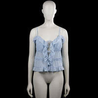 American Eagle - Tank top - Light Blue - Size S - Light blue solid sleeveless top with thin shoulder straps and a scooped neckline. Features ruffle trim at the neckline and hem and lace-up ties down the front.