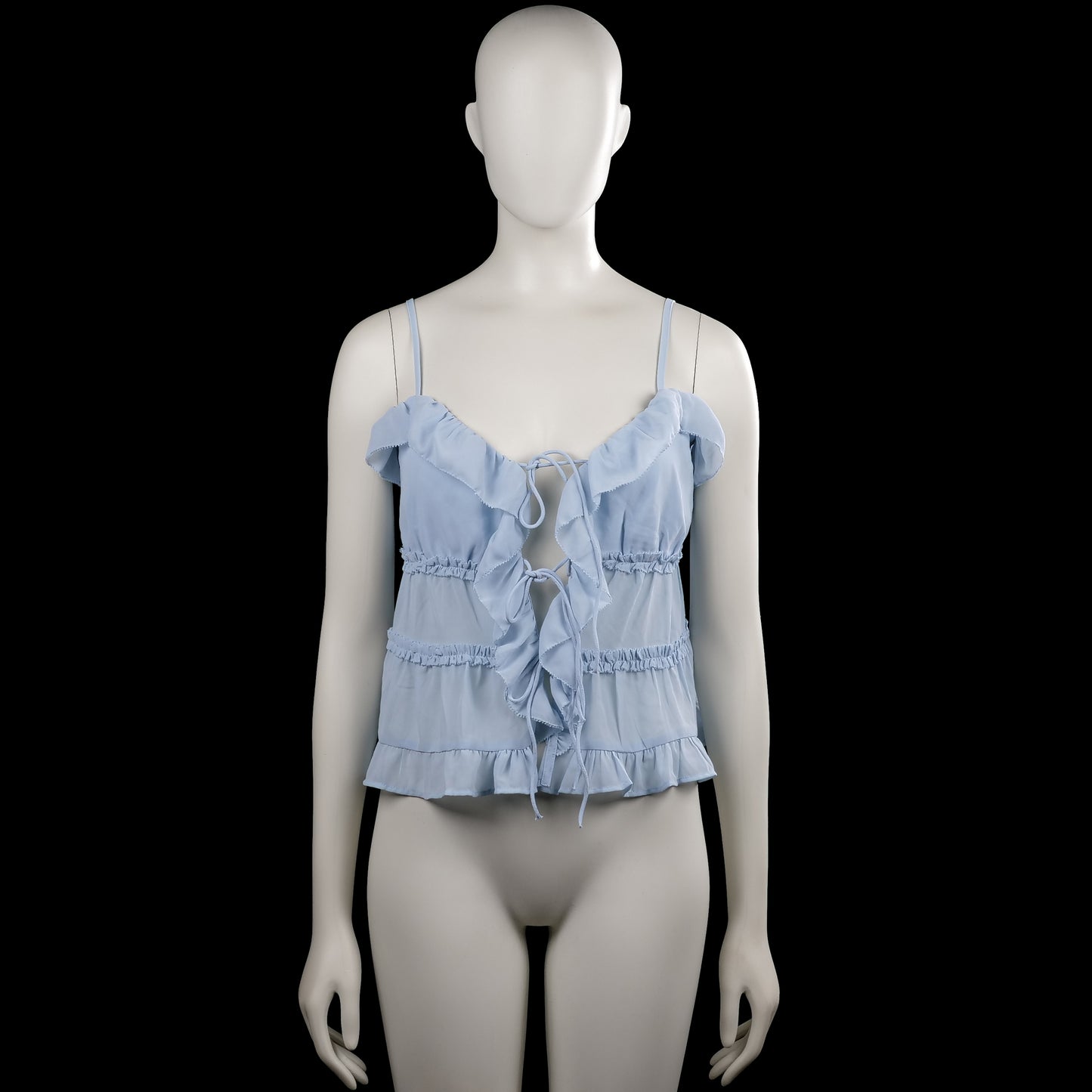 American Eagle - Tank top - Light Blue - Size S - Light blue solid sleeveless top with thin shoulder straps and a scooped neckline. Features ruffle trim at the neckline and hem and lace-up ties down the front.