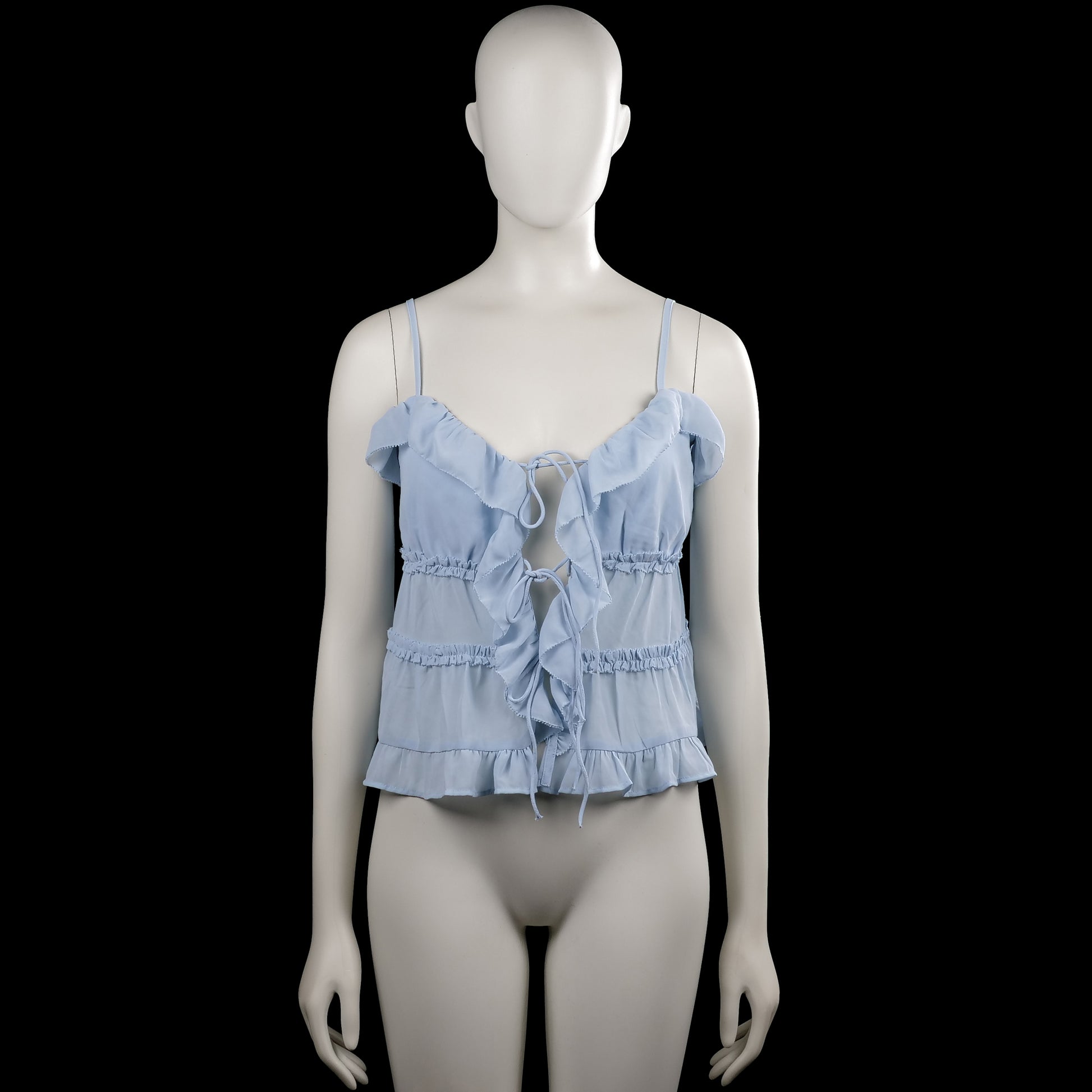 American Eagle - Tank top - Light Blue - Size S - Light blue solid sleeveless top with thin shoulder straps and a scooped neckline. Features ruffle trim at the neckline and hem and lace-up ties down the front.