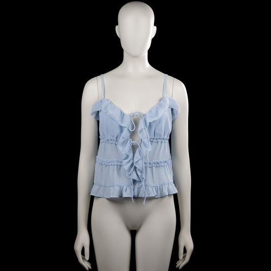 American Eagle - Tank top - Light Blue - Size S - Light blue solid sleeveless top with thin shoulder straps and a scooped neckline. Features ruffle trim at the neckline and hem and lace-up ties down the front.