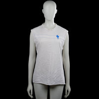 Clockhouse - Tank top - White & Light Blue - Size L - White sleeveless top with a round neckline and straight hem. Features light blue horizontal lines across the chest and a small blue graphic on the front.