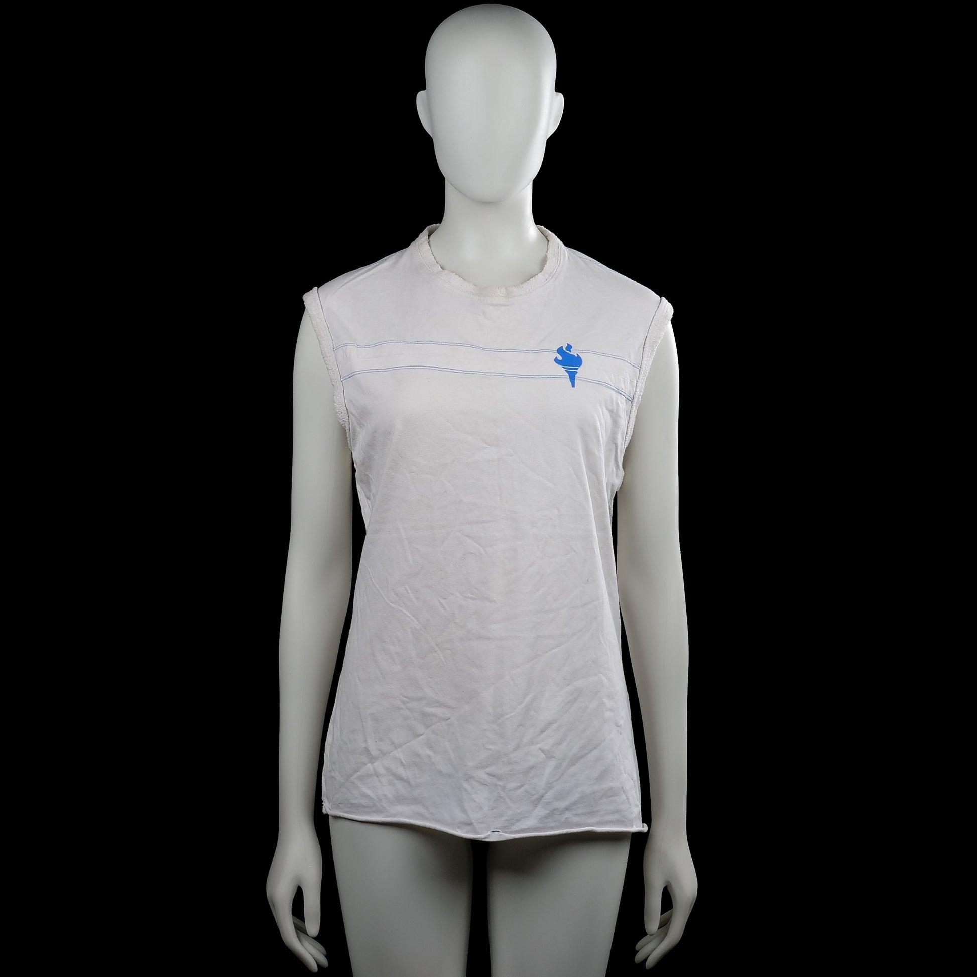 Clockhouse - Tank top - White & Light Blue - Size L - White sleeveless top with a round neckline and straight hem. Features light blue horizontal lines across the chest and a small blue graphic on the front.