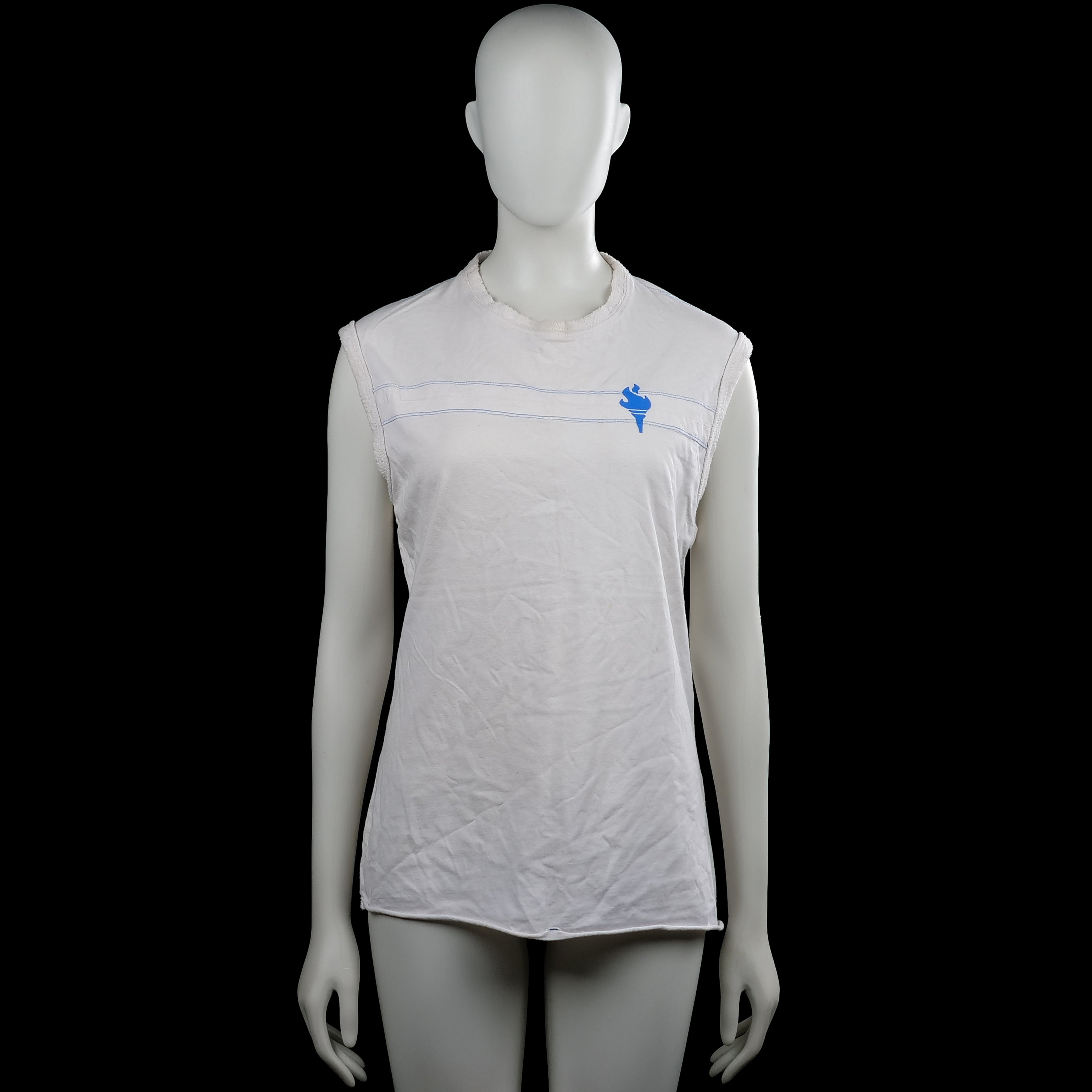 Clockhouse - Tank top - White & Light Blue - Size L - White sleeveless top with a round neckline and straight hem. Features light blue horizontal lines across the chest and a small blue graphic on the front.