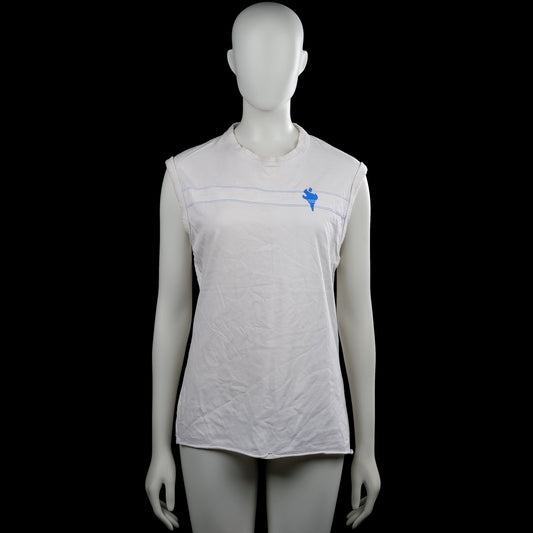 Clockhouse - Tank top - White & Light Blue - Size L - White sleeveless top with a round neckline and straight hem. Features light blue horizontal lines across the chest and a small blue graphic on the front.