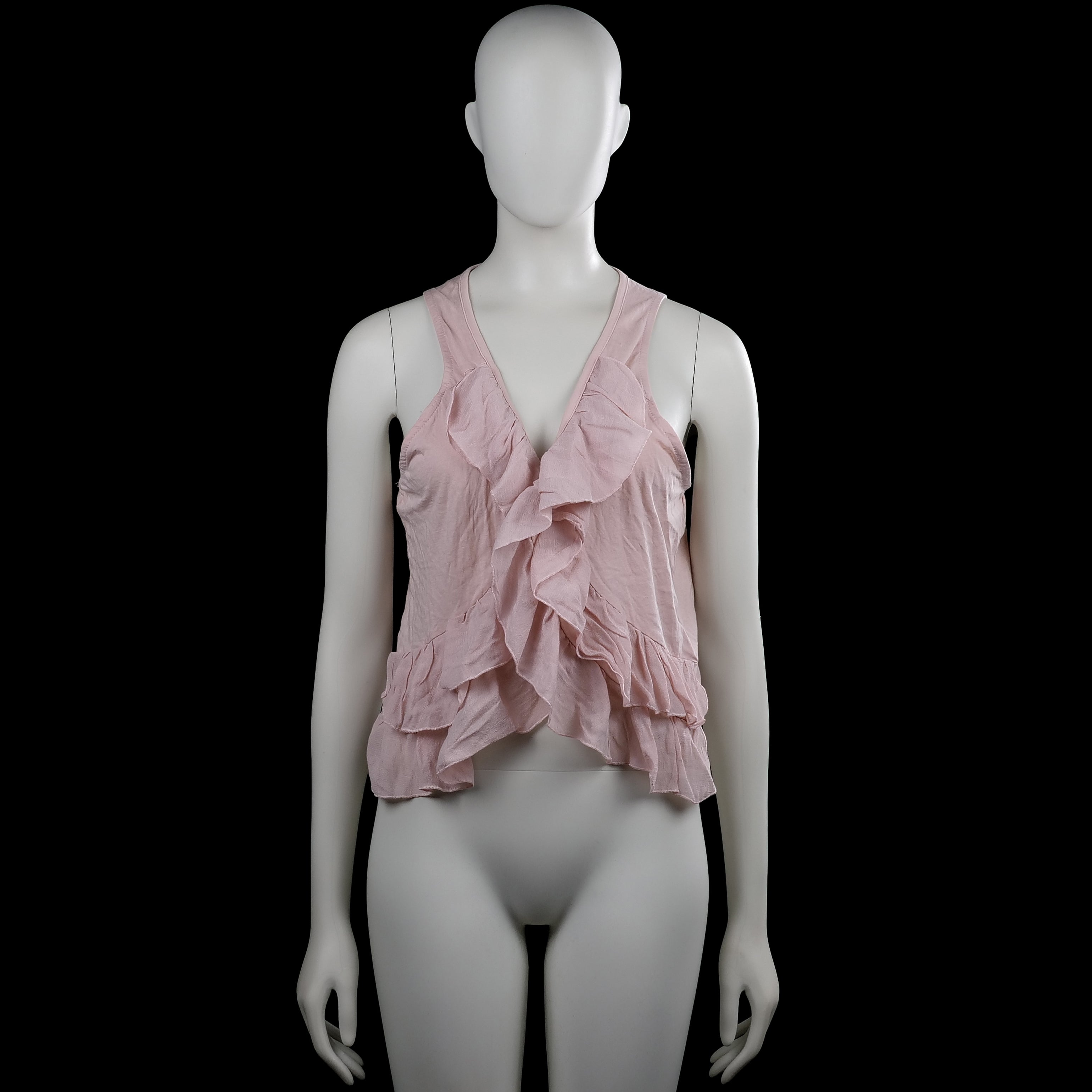 H&M - Blouse - Light Pink - Size M - Light pink solid sleeveless top with a V-neckline and ruffle trim down the front. Straight hem with layered ruffles near the bottom.