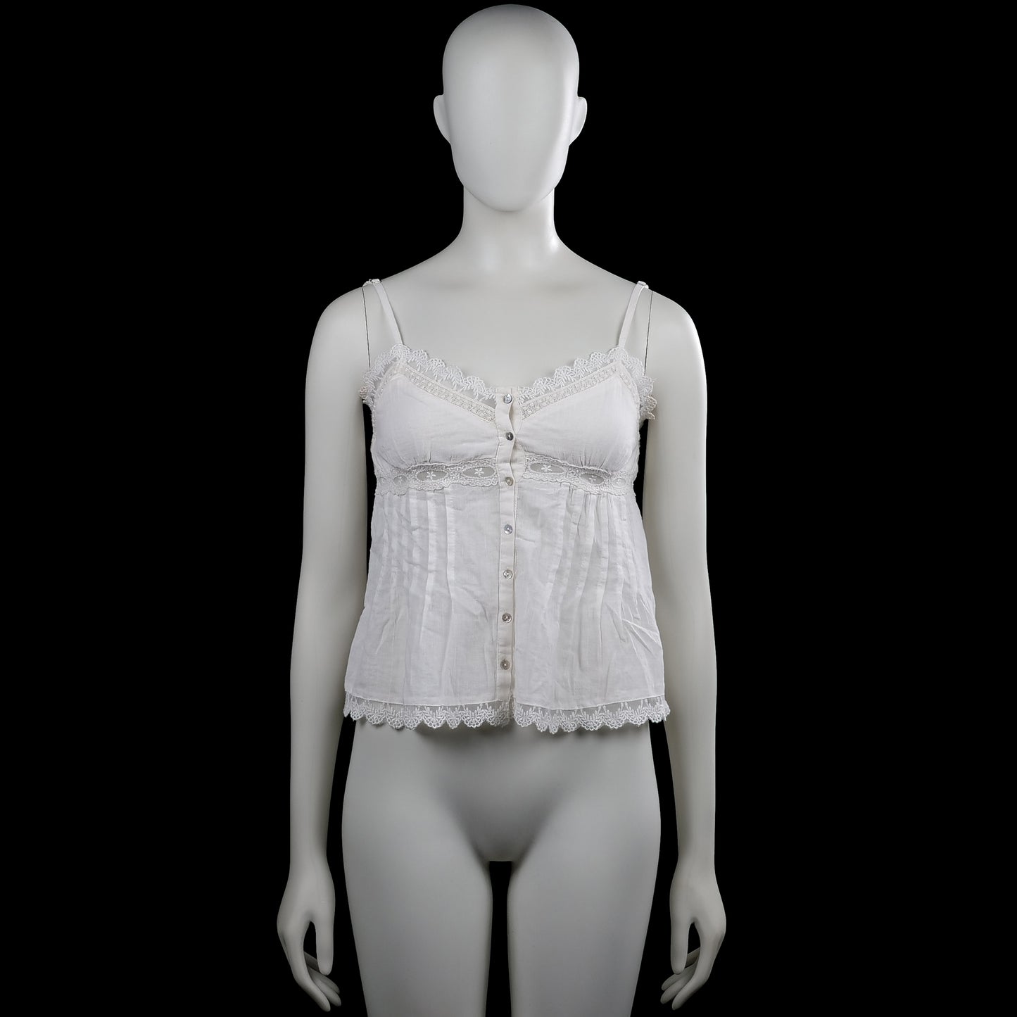 Zara - Tank top - White - Size S - White solid sleeveless camisole top with thin shoulder straps and a scoop neckline with lace trim. Features a button-front closure and a straight hem with lace trim.