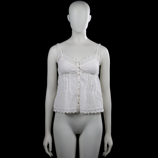 Zara - Tank top - White - Size S - White solid sleeveless camisole top with thin shoulder straps and a scoop neckline with lace trim. Features a button-front closure and a straight hem with lace trim.