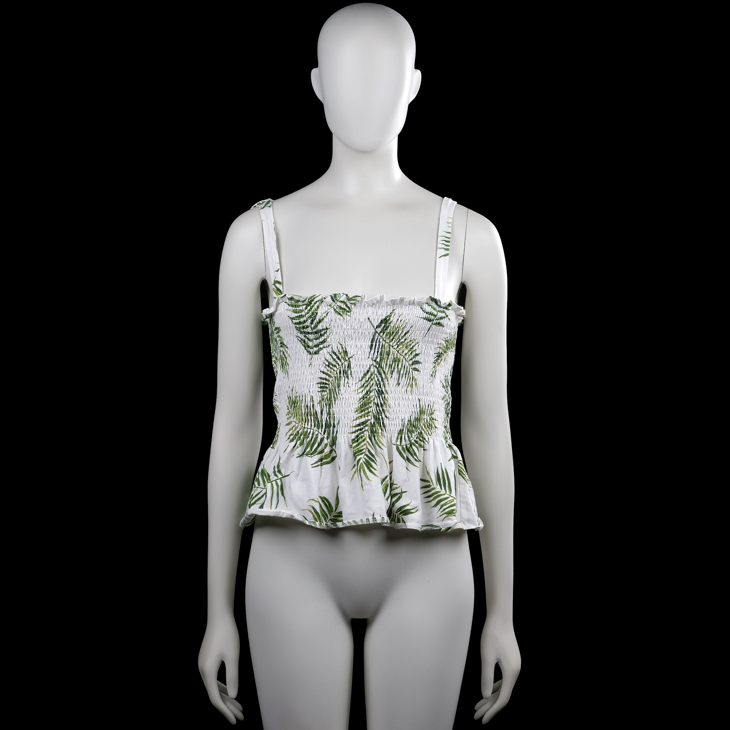 H&M - Tank top - White & Olive - Size S - White sleeveless top with an olive leaf floral pattern and shoulder straps tied in bows. Features a squared neckline, smocked body, and a ruffled hem.