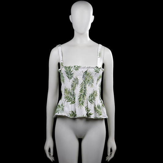 H&M - Tank top - White & Olive - Size S - White sleeveless top with an olive leaf floral pattern and shoulder straps tied in bows. Features a squared neckline, smocked body, and a ruffled hem.